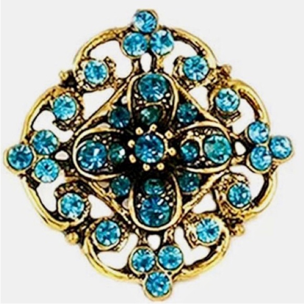 Austrian Crystal Rhinestone Fashion Brooch Pin, Blue, Aqua, Gold (DIAMOND) - Picture 3 of 15